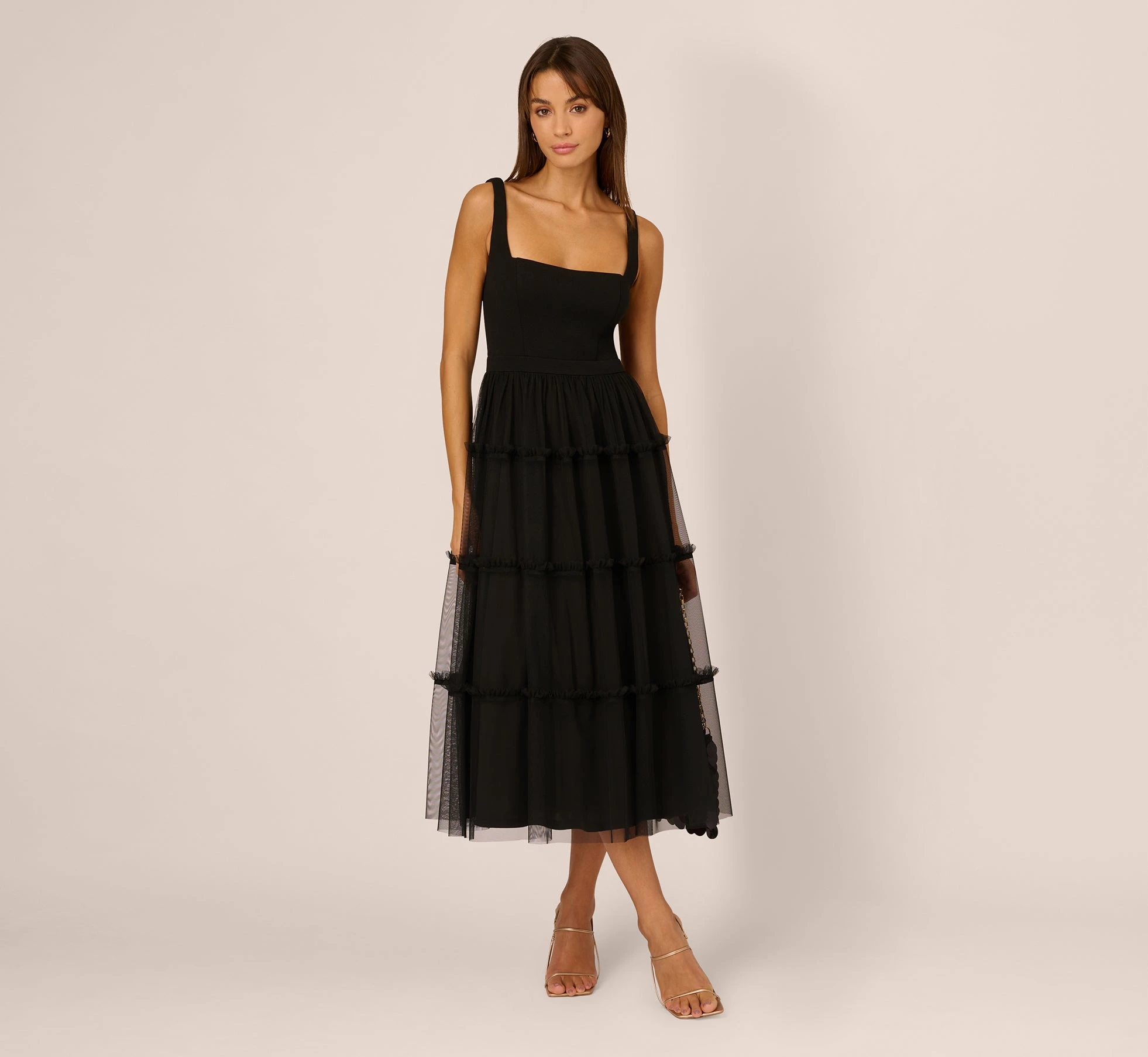 Sleeveless Midi Dress With Square Neck And Tiered Skirt In Black 1 Sleeveless Midi Dress With Square Neck And Tiered Skirt In Black