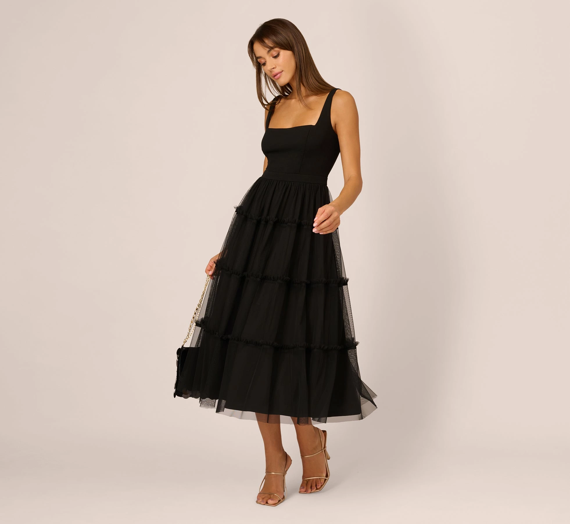 Sleeveless Midi Dress With Square Neck And Tiered Skirt In Black 2 Sleeveless Midi Dress With Square Neck And Tiered Skirt In Black - Image 2