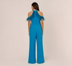 Cold Shoulder Stretch Crepe Jumpsuit With Feather Trim In Deep Cerulean -Adrianna Papell Shop ADAE211238 AB431 Regular Back
