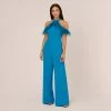 Cold Shoulder Stretch Crepe Jumpsuit With Feather Trim In Deep Cerulean