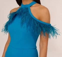 Cold Shoulder Stretch Crepe Jumpsuit With Feather Trim In Deep Cerulean -Adrianna Papell Shop ADAE211238 AB431 Regular Detail
