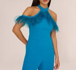 Cold Shoulder Stretch Crepe Jumpsuit With Feather Trim In Deep Cerulean -Adrianna Papell Shop ADAE211238 AB431 Regular Lifestyle