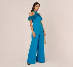 Cold Shoulder Stretch Crepe Jumpsuit With Feather Trim In Deep Cerulean -Adrianna Papell Shop ADAE211238 AB431 Regular Side