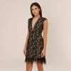 Cap Sleeve Lace Cocktail Dress With Feather Trim In Black Nude