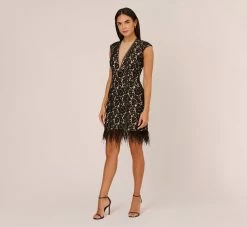 Cap Sleeve Lace Cocktail Dress With Feather Trim In Black Nude -Adrianna Papell Shop ADAE211264 AB263 Regular Front