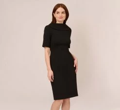 Adrianna Papell Short Sleeve Crepe Dress With Rolled Neck In Black