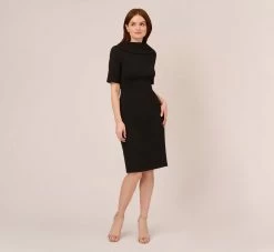Adrianna Papell Short Sleeve Crepe Dress With Rolled Neck In Black -Adrianna Papell Shop AP1D101960 AA002 Regular Front
