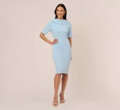 Adrianna Papell Short Sleeve Crepe Dress With Rolled Neck In Blue Mist 13 Adrianna Papell Short Sleeve Crepe Dress With Rolled Neck In Blue Mist -Adrianna Papell Shop AP1D101960 AB484 Regular Front