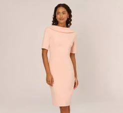 Adrianna Papell Short Sleeve Crepe Dress With Rolled Neck In Blush