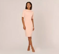 Adrianna Papell Short Sleeve Crepe Dress With Rolled Neck In Blush -Adrianna Papell Shop AP1D101960 AD684 Regular Front