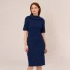 Adrianna Papell Short Sleeve Crepe Dress With Rolled Neck In Navy Sateen