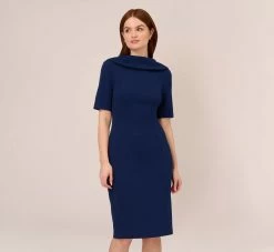 Adrianna Papell Short Sleeve Crepe Dress With Rolled Neck In Navy Sateen