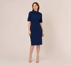Adrianna Papell Short Sleeve Crepe Dress With Rolled Neck In Navy Sateen -Adrianna Papell Shop AP1D101960 AK412 Regular Front
