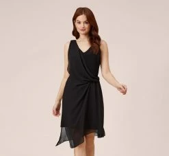 Adrianna Papell Asymmetrical Draped Dress In Black