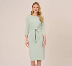 Adrianna Papell Knit Crepe Bow Sheath Dress With Three Quarter Sleeves In Icy Sage