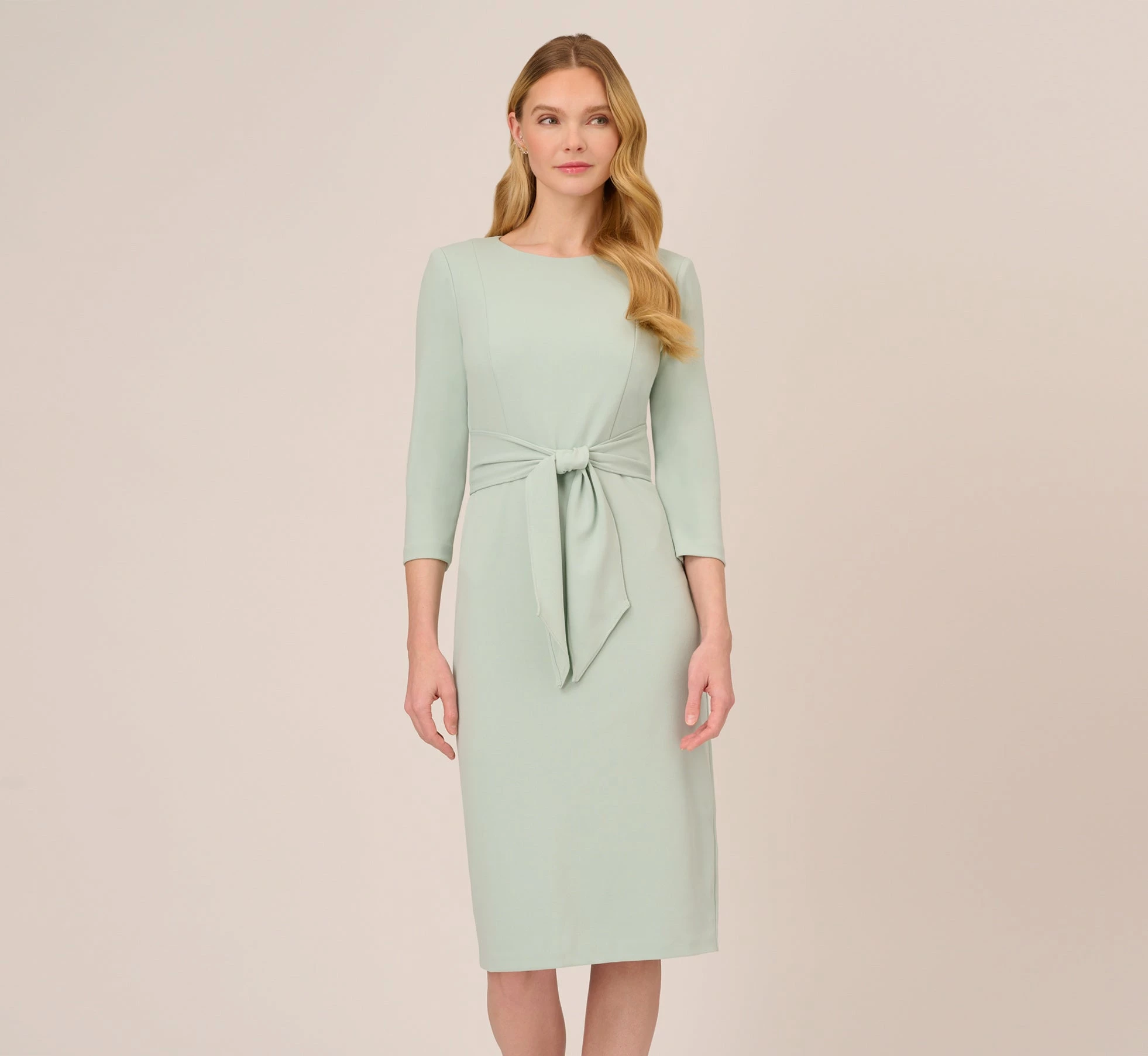 Adrianna Papell Knit Crepe Bow Sheath Dress With Three Quarter Sleeves In Icy Sage 1 Adrianna Papell Knit Crepe Bow Sheath Dress With Three Quarter Sleeves In Icy Sage