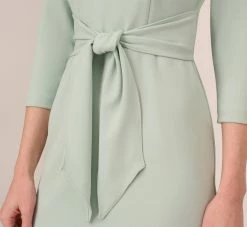 Adrianna Papell Knit Crepe Bow Sheath Dress With Three Quarter Sleeves In Icy Sage 10 Adrianna Papell Knit Crepe Bow Sheath Dress With Three Quarter Sleeves In Icy Sage -Adrianna Papell Shop AP1D103175 AB334 Regular Detail