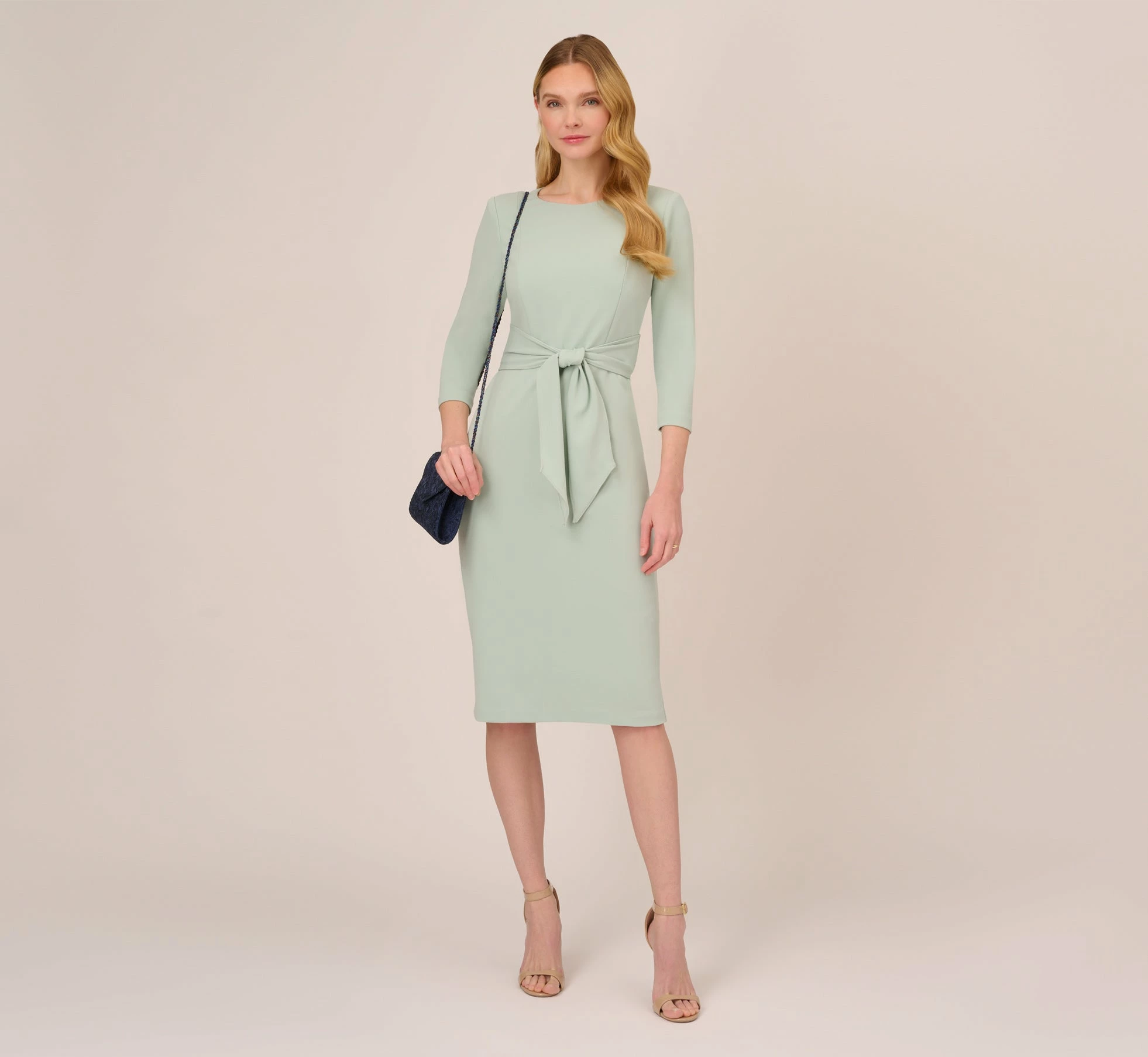 Adrianna Papell Knit Crepe Bow Sheath Dress With Three Quarter Sleeves In Icy Sage 4 Adrianna Papell Knit Crepe Bow Sheath Dress With Three Quarter Sleeves In Icy Sage - Image 4