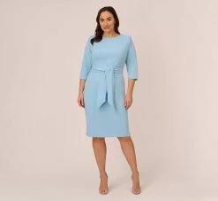 Adrianna Papell Plus Size Knit Crepe Bow Sheath Dress With Three Quarter Sleeves In Blue Mist -Adrianna Papell Shop AP1D103175 AB484 Plus Front