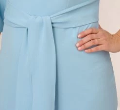 Adrianna Papell Plus Size Knit Crepe Bow Sheath Dress With Three Quarter Sleeves In Blue Mist -Adrianna Papell Shop AP1D103175 AB484 Plus Lifestyle