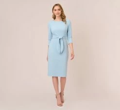 Adrianna Papell Knit Crepe Bow Sheath Dress With Three Quarter Sleeves In Blue Mist