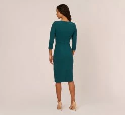 Adrianna Papell Knit Crepe Bow Sheath Dress With Three Quarter Sleeves In Hunter 10 Adrianna Papell Knit Crepe Bow Sheath Dress With Three Quarter Sleeves In Hunter -Adrianna Papell Shop AP1D103175 AE303 Regular Back