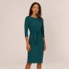 Adrianna Papell Knit Crepe Bow Sheath Dress With Three Quarter Sleeves In Hunter