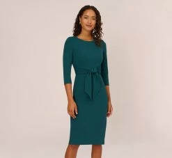 Adrianna Papell Knit Crepe Bow Sheath Dress With Three Quarter Sleeves In Hunter