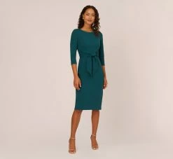 Adrianna Papell Knit Crepe Bow Sheath Dress With Three Quarter Sleeves In Hunter 13 Adrianna Papell Knit Crepe Bow Sheath Dress With Three Quarter Sleeves In Hunter -Adrianna Papell Shop AP1D103175 AE303 Regular Front