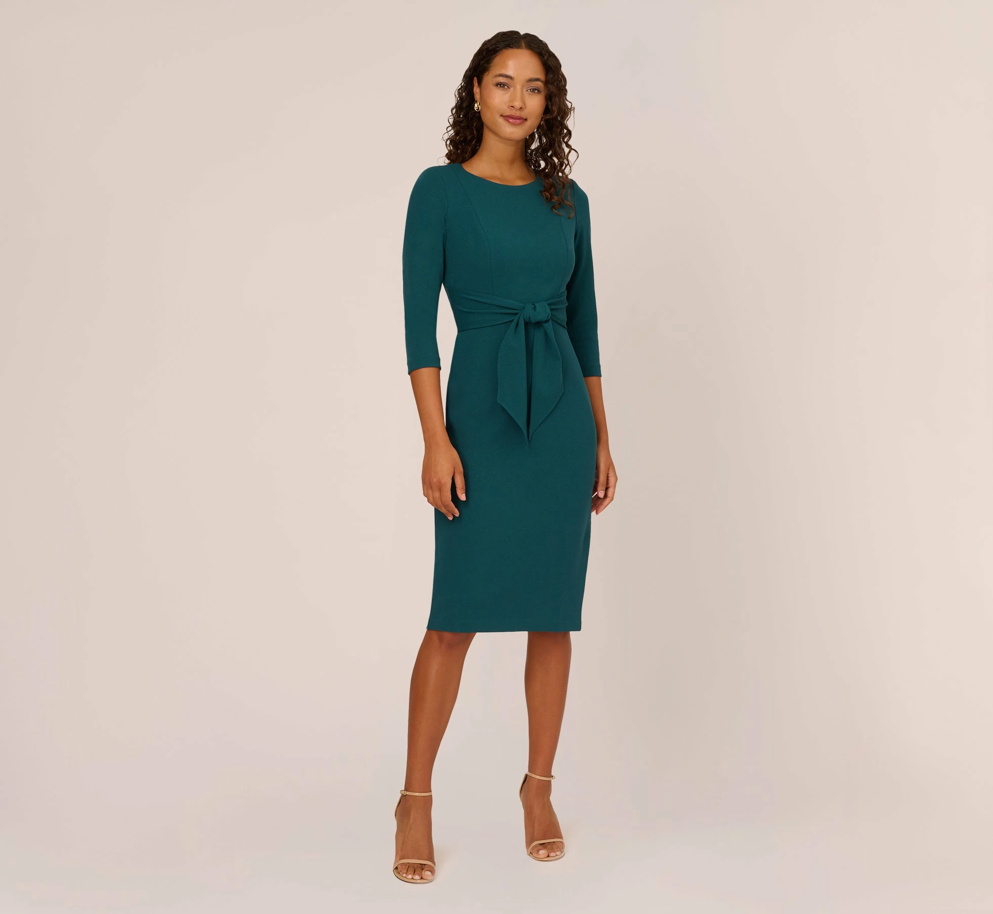 Adrianna Papell Knit Crepe Bow Sheath Dress With Three Quarter Sleeves In Hunter 7 Adrianna Papell Knit Crepe Bow Sheath Dress With Three Quarter Sleeves In Hunter - Image 7