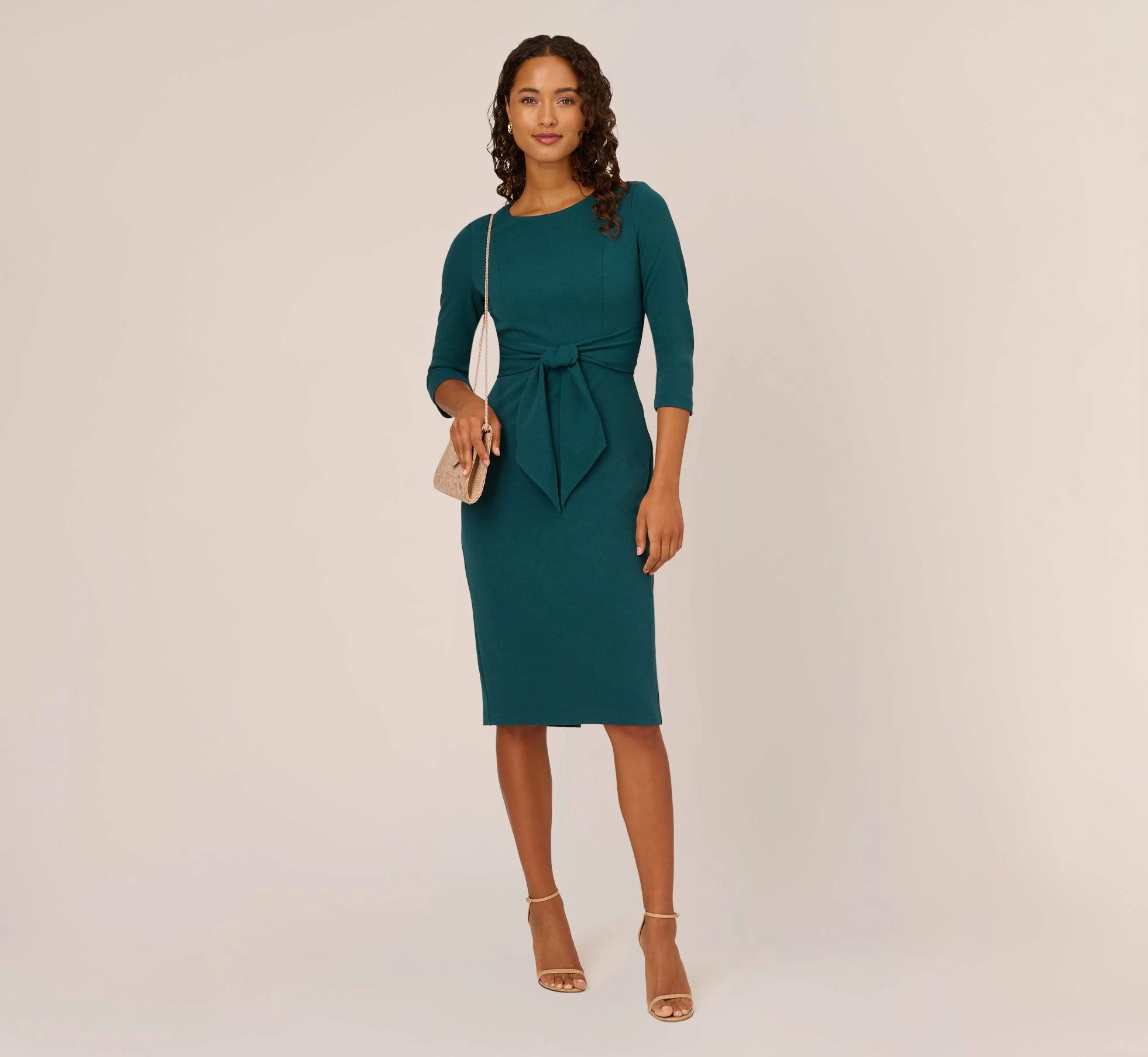 Adrianna Papell Knit Crepe Bow Sheath Dress With Three Quarter Sleeves In Hunter 2 Adrianna Papell Knit Crepe Bow Sheath Dress With Three Quarter Sleeves In Hunter - Image 2