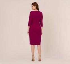 Adrianna Papell Knit Crepe Bow Sheath Dress With Three Quarter Sleeves In Wildberry -Adrianna Papell Shop AP1D103175 AJ651 Regular Back