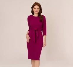 Adrianna Papell Knit Crepe Bow Sheath Dress With Three Quarter Sleeves In Wildberry