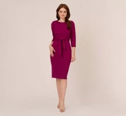 Adrianna Papell Knit Crepe Bow Sheath Dress With Three Quarter Sleeves In Wildberry -Adrianna Papell Shop AP1D103175 AJ651 Regular Front