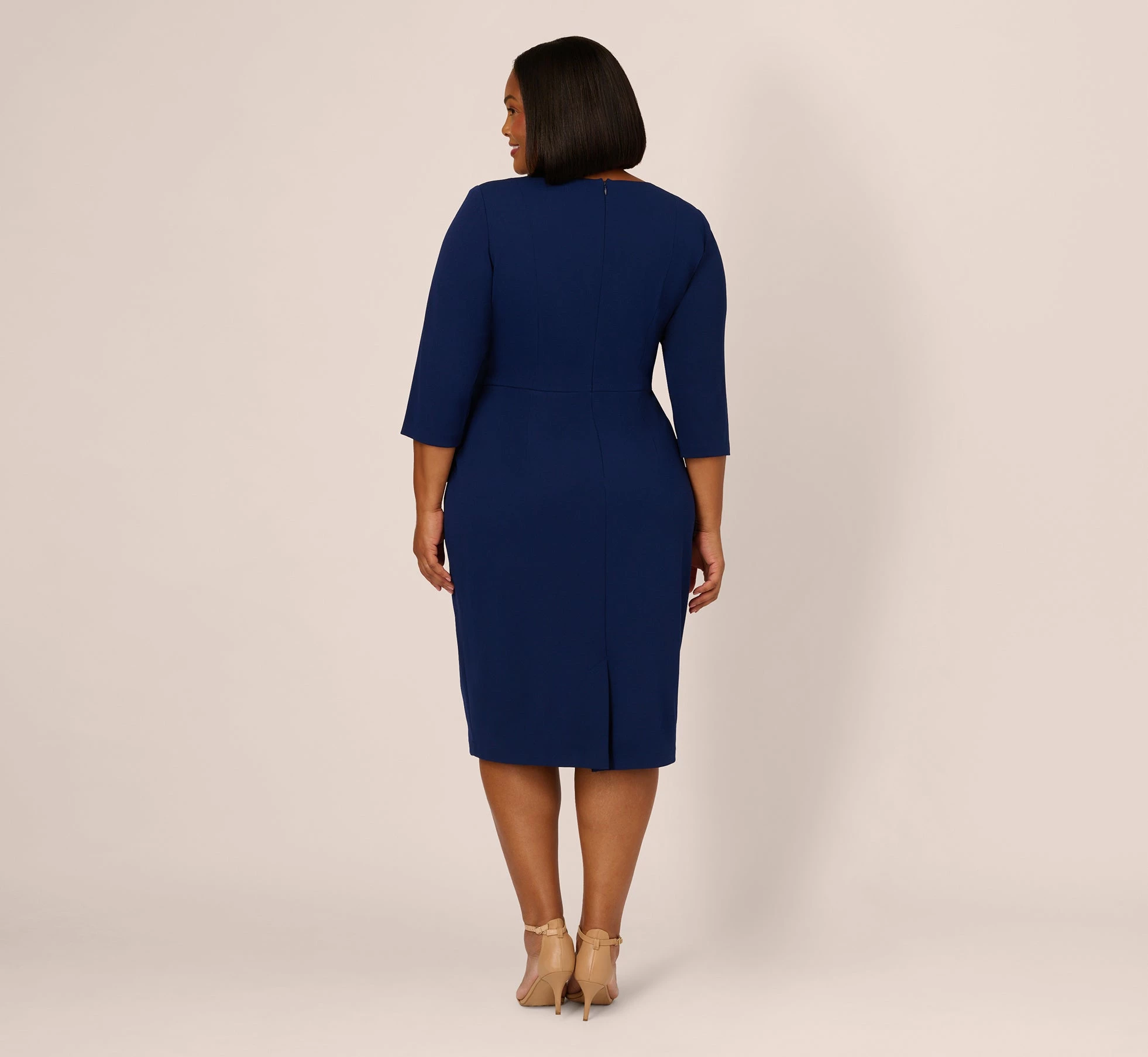 Adrianna Papell Plus Size Knit Crepe Bow Sheath Dress With Three Quarter Sleeves In Navy Sateen 4 Adrianna Papell Plus Size Knit Crepe Bow Sheath Dress With Three Quarter Sleeves In Navy Sateen - Image 4