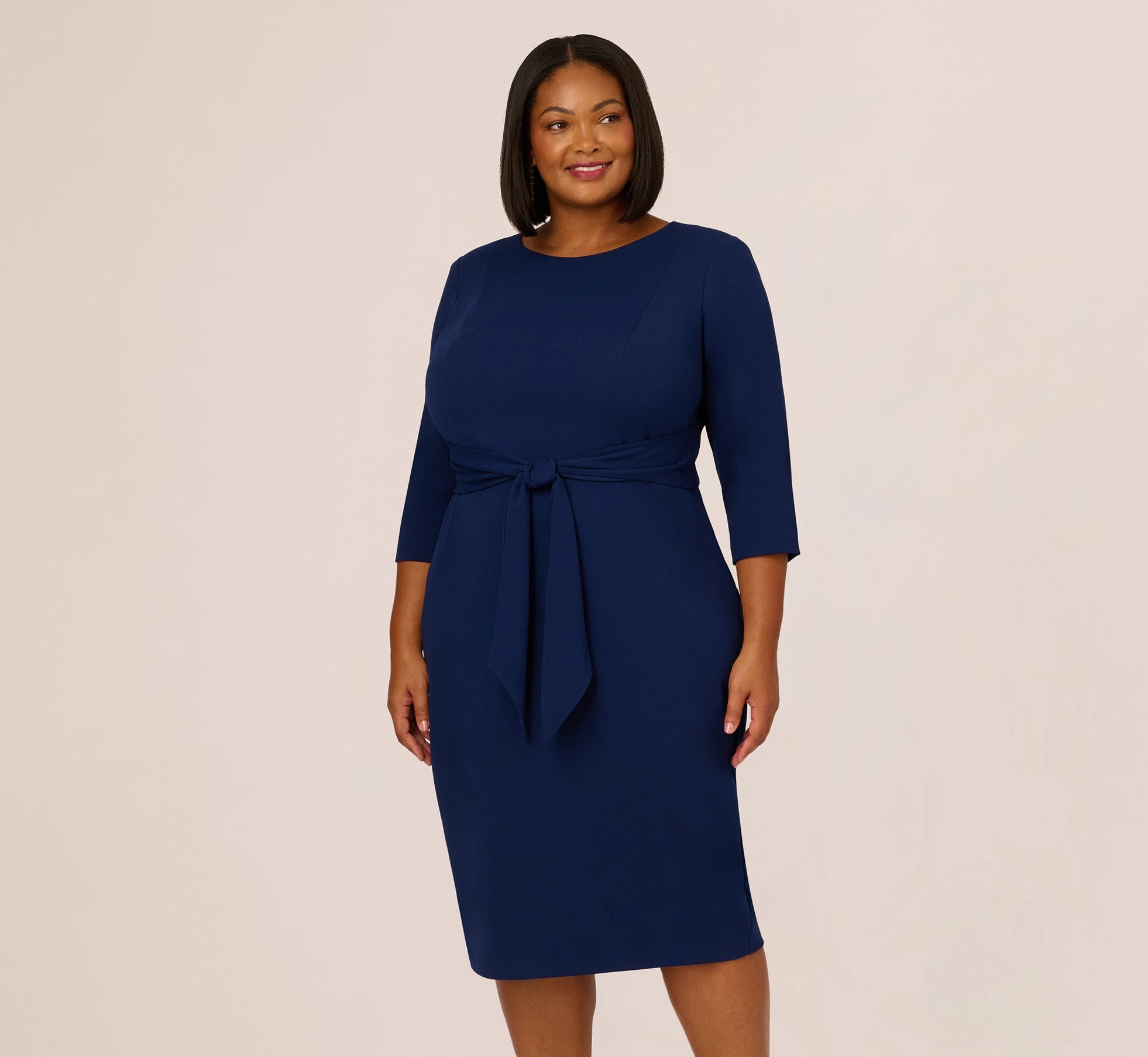Adrianna Papell Plus Size Knit Crepe Bow Sheath Dress With Three Quarter Sleeves In Navy Sateen 1 Adrianna Papell Plus Size Knit Crepe Bow Sheath Dress With Three Quarter Sleeves In Navy Sateen