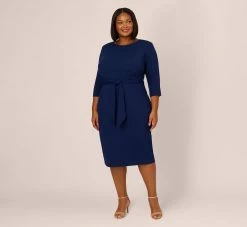 Adrianna Papell Plus Size Knit Crepe Bow Sheath Dress With Three Quarter Sleeves In Navy Sateen 12 Adrianna Papell Plus Size Knit Crepe Bow Sheath Dress With Three Quarter Sleeves In Navy Sateen -Adrianna Papell Shop AP1D103175 AK412 Plus Front