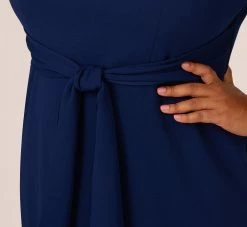 Adrianna Papell Plus Size Knit Crepe Bow Sheath Dress With Three Quarter Sleeves In Navy Sateen 11 Adrianna Papell Plus Size Knit Crepe Bow Sheath Dress With Three Quarter Sleeves In Navy Sateen -Adrianna Papell Shop AP1D103175 AK412 Plus Lifestyle