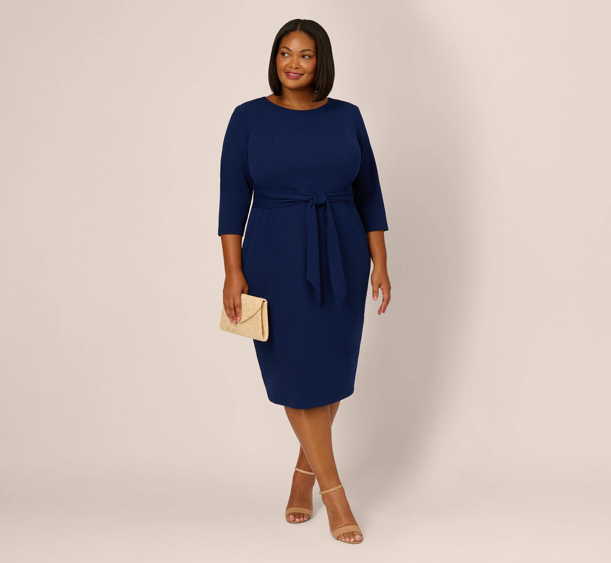 Adrianna Papell Plus Size Knit Crepe Bow Sheath Dress With Three Quarter Sleeves In Navy Sateen 2 Adrianna Papell Plus Size Knit Crepe Bow Sheath Dress With Three Quarter Sleeves In Navy Sateen - Image 2