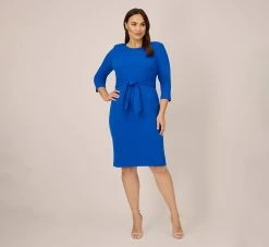 Adrianna Papell Plus Size Knit Crepe Bow Sheath Dress With Three Quarter Sleeves In Violet Cobalt -Adrianna Papell Shop AP1D103175 BA401 Plus Side