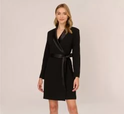 Adrianna Papell Long Sleeve Crepe Dress With Tuxedo Collar In Black