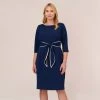 Adrianna Papell Plus Size Knit Crepe Tie Dress In Navy Sateen Ivory