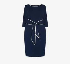 Adrianna Papell Plus Size Knit Crepe Tie Dress In Navy Sateen Ivory -Adrianna Papell Shop AP1D104307 AK411 Plus Flat
