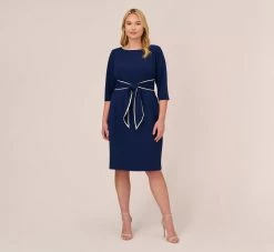 Adrianna Papell Plus Size Knit Crepe Tie Dress In Navy Sateen Ivory -Adrianna Papell Shop AP1D104307 AK411 Plus Front