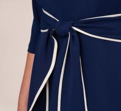 Adrianna Papell Plus Size Knit Crepe Tie Dress In Navy Sateen Ivory -Adrianna Papell Shop AP1D104307 AK411 Plus Lifestyle