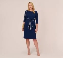 Adrianna Papell Plus Size Knit Crepe Tie Dress In Navy Sateen Ivory -Adrianna Papell Shop AP1D104307 AK411 Plus Side