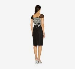 Adrianna Papell Floral Lattice Embroidered Short Sheath Dress In Black Ivory -Adrianna Papell Shop AP1D104398 AA019 Regular Back