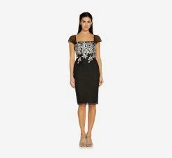 Adrianna Papell Floral Lattice Embroidered Short Sheath Dress In Black Ivory -Adrianna Papell Shop AP1D104398 AA019 Regular Side