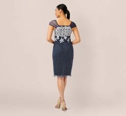 Adrianna Papell Floral Lattice Embroidered Short Sheath Dress In Navy Ivory -Adrianna Papell Shop AP1D104398 BH980 Regular Back