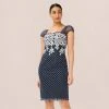 Adrianna Papell Floral Lattice Embroidered Short Sheath Dress In Navy Ivory